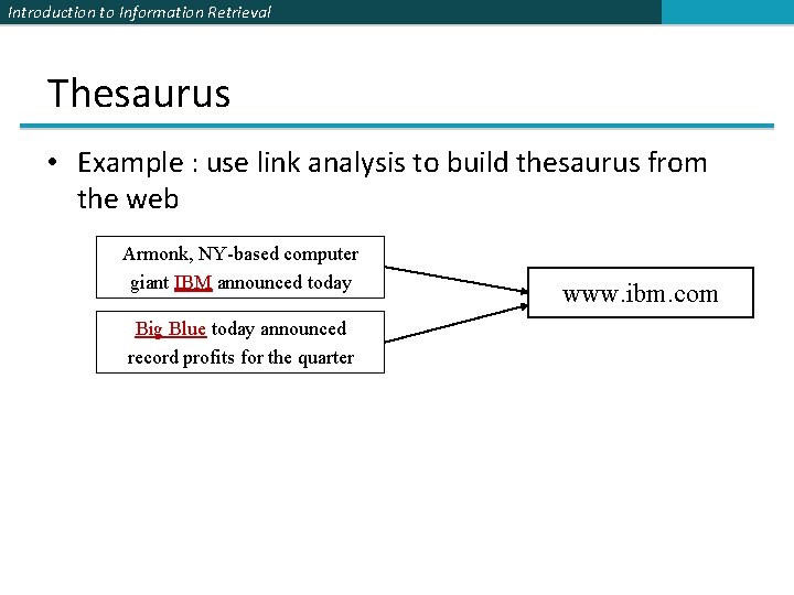 Introduction to Information Retrieval Thesaurus • Example : use link analysis to build thesaurus
