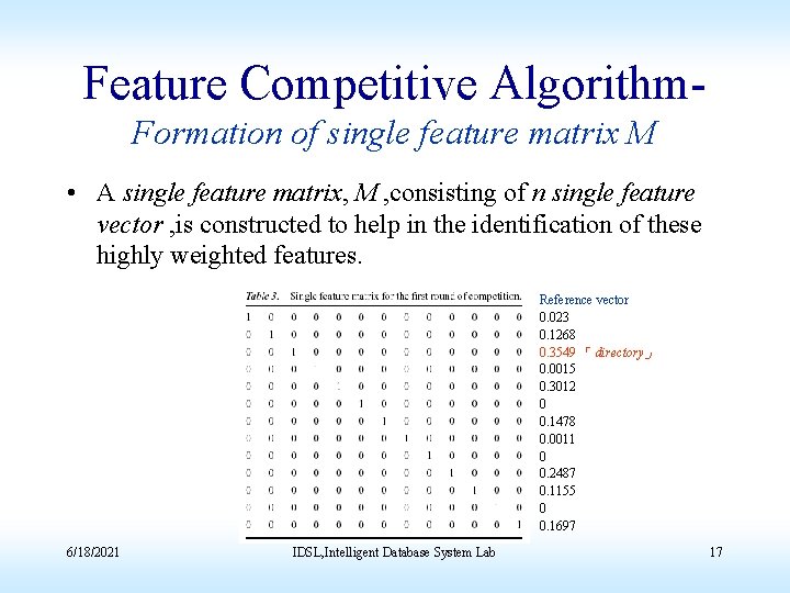 Feature Competitive Algorithm. Formation of single feature matrix M • A single feature matrix,