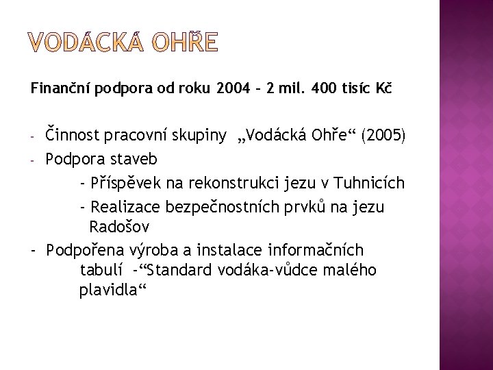 Finanční podpora od roku 2004 – 2 mil. 400 tisíc Kč Činnost pracovní skupiny