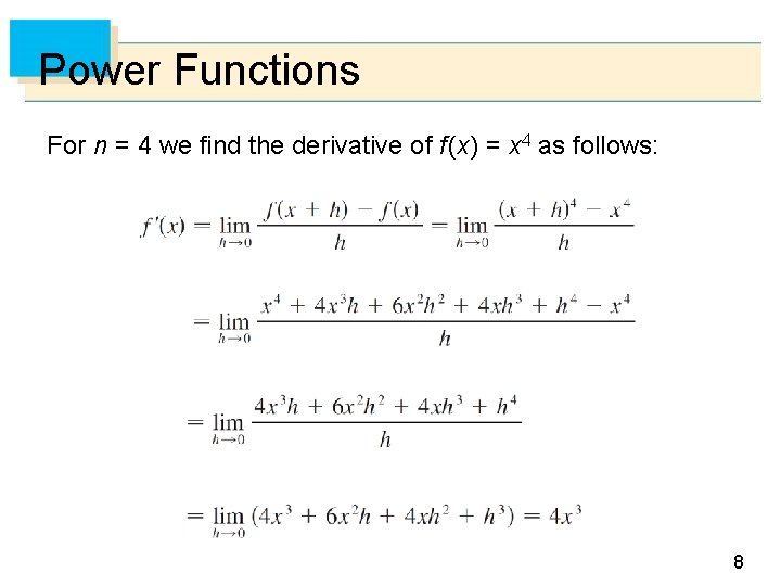 Power Functions For n = 4 we find the derivative of f (x) =