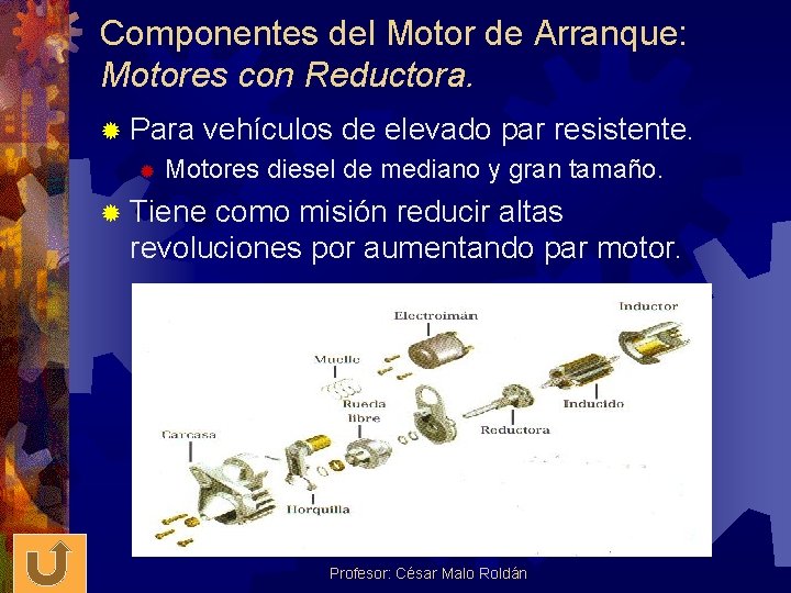 Componentes del Motor de Arranque: Motores con Reductora. ® Para ® vehículos de elevado