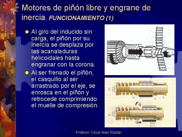 Motores de piñón libre y engrane de inercia. FUNCIONAMIENTO (1) Al giro del inducido