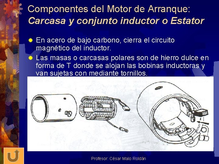Componentes del Motor de Arranque: Carcasa y conjunto inductor o Estator En acero de