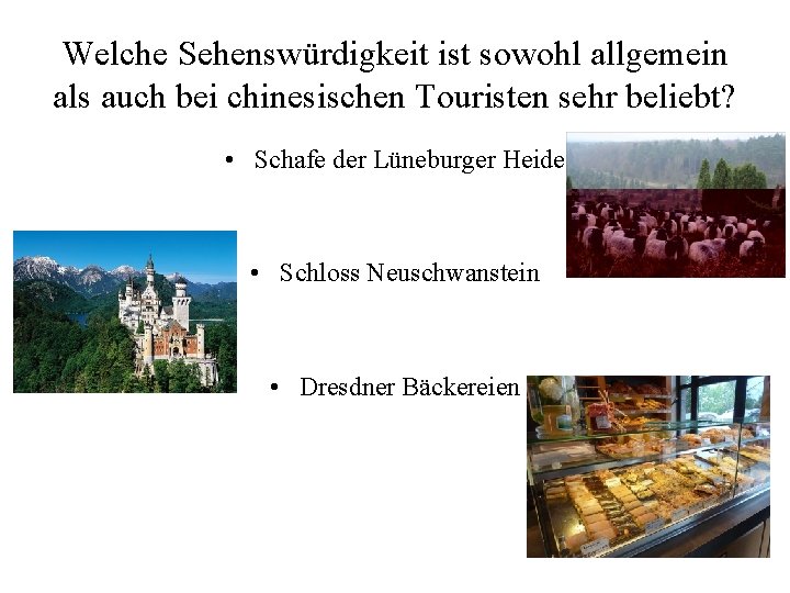 Welche Sehenswürdigkeit ist sowohl allgemein als auch bei chinesischen Touristen sehr beliebt? • Schafe