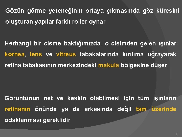 Gözün görme yeteneğinin ortaya çıkmasında göz küresini oluşturan yapılar farklı roller oynar Herhangi bir