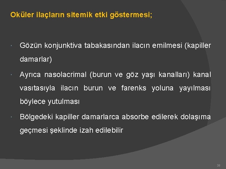 Oküler ilaçların sitemik etki göstermesi; Gözün konjunktiva tabakasından ilacın emilmesi (kapiller damarlar) Ayrıca nasolacrimal