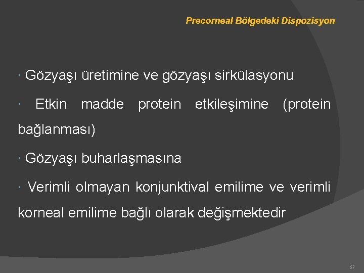 Precorneal Bölgedeki Dispozisyon Gözyaşı üretimine ve gözyaşı sirkülasyonu Etkin madde protein etkileşimine (protein bağlanması)