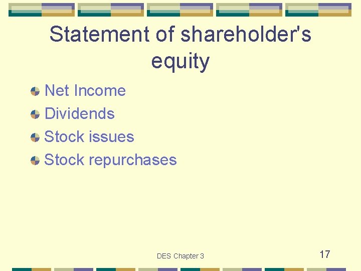 Statement of shareholder's equity Net Income Dividends Stock issues Stock repurchases DES Chapter 3