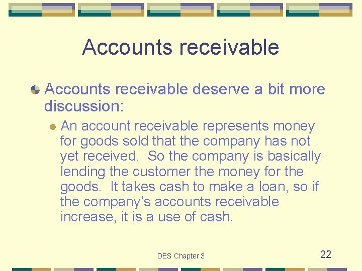 Accounts receivable deserve a bit more discussion: l An account receivable represents money for