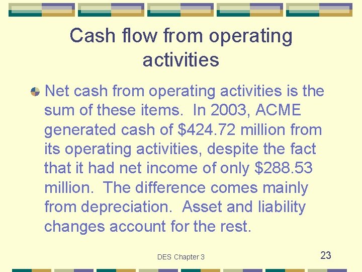 Cash flow from operating activities Net cash from operating activities is the sum of