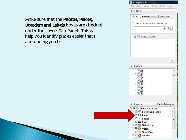 Make sure that the Photos, Places, Boarders and Labels boxes are checked under the