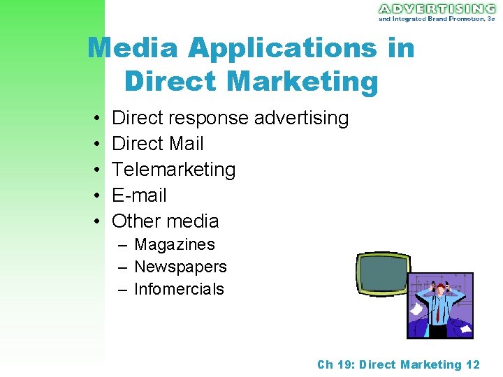 Media Applications in Direct Marketing • • • Direct response advertising Direct Mail Telemarketing