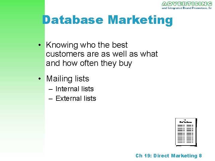 Database Marketing • Knowing who the best customers are as well as what and