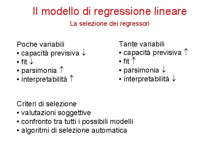 Il modello di regressione lineare La selezione dei regressori Poche variabili • capacità previsiva