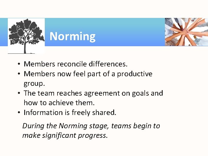 Norming • Members reconcile differences. • Members now feel part of a productive group.