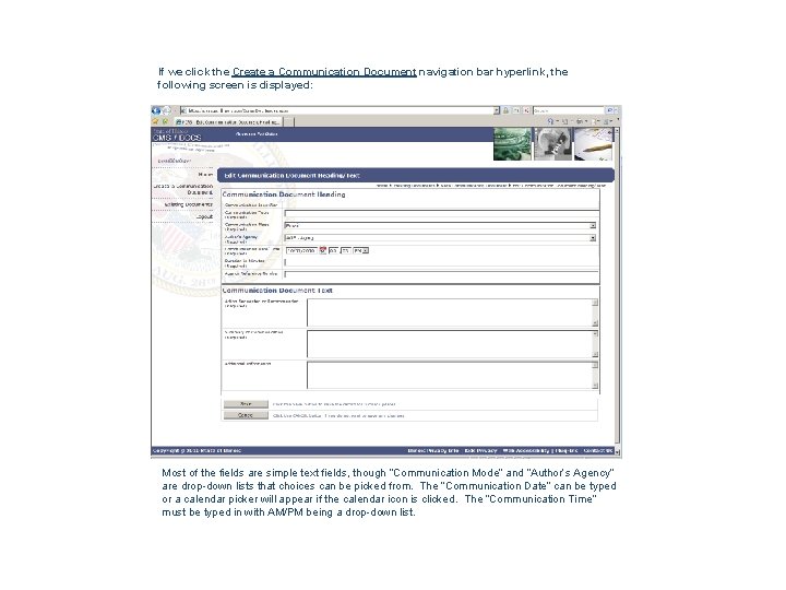 If we click the Create a Communication Document navigation bar hyperlink, the following screen