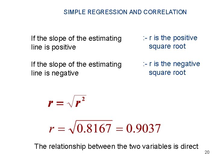 SIMPLE REGRESSION AND CORRELATION If the slope of the estimating line is positive :