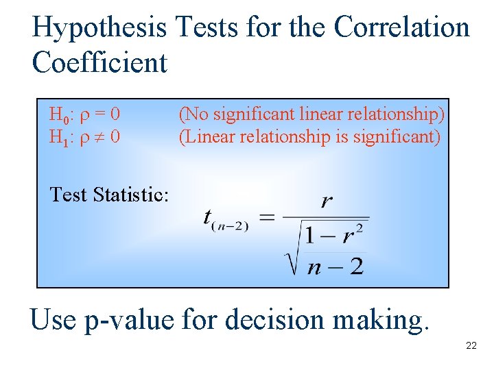 Hypothesis Tests for the Correlation Coefficient H 0: = 0 H 1: 0 (No