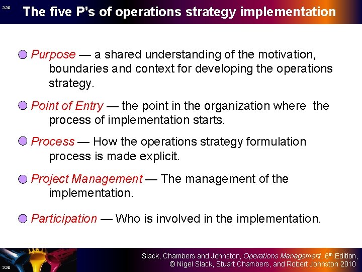 3. 30 The five P’s of operations strategy implementation Purpose — a shared understanding