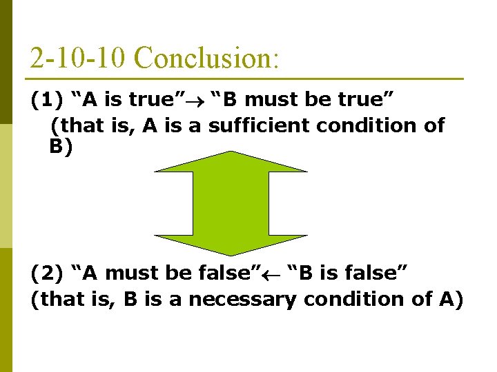 2 -10 -10 Conclusion: (1) “A is true” “B must be true” (that is,