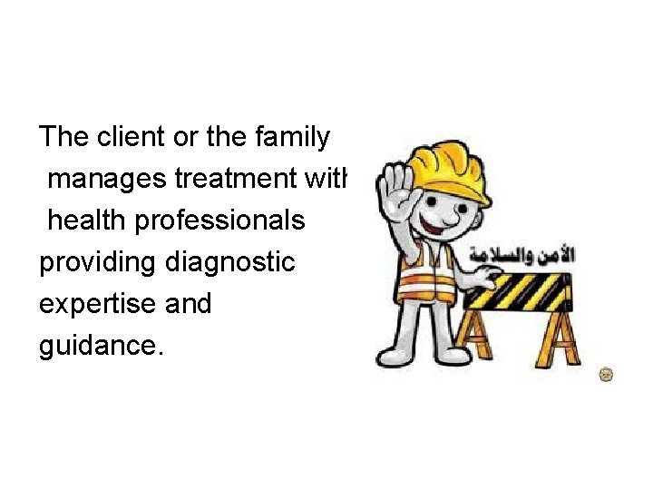 The client or the family manages treatment with health professionals providing diagnostic expertise and