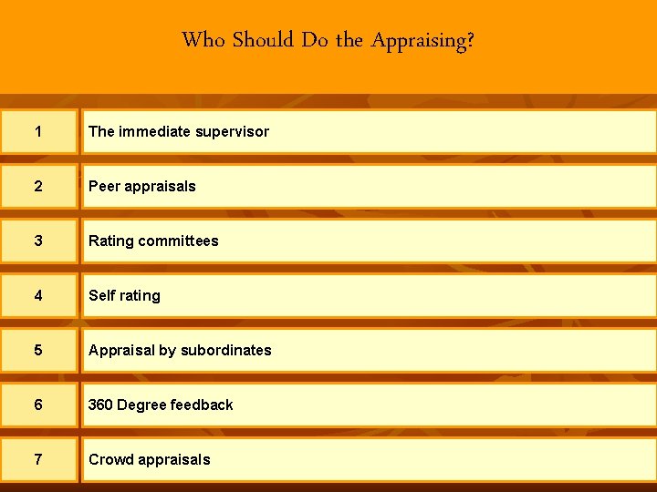 Who Should Do the Appraising? 1 The immediate supervisor 2 Peer appraisals 3 Rating