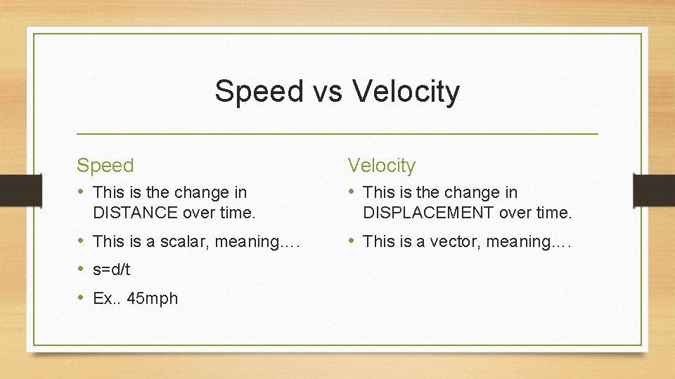 Speed vs Velocity Speed • This is the change in DISTANCE over time. •