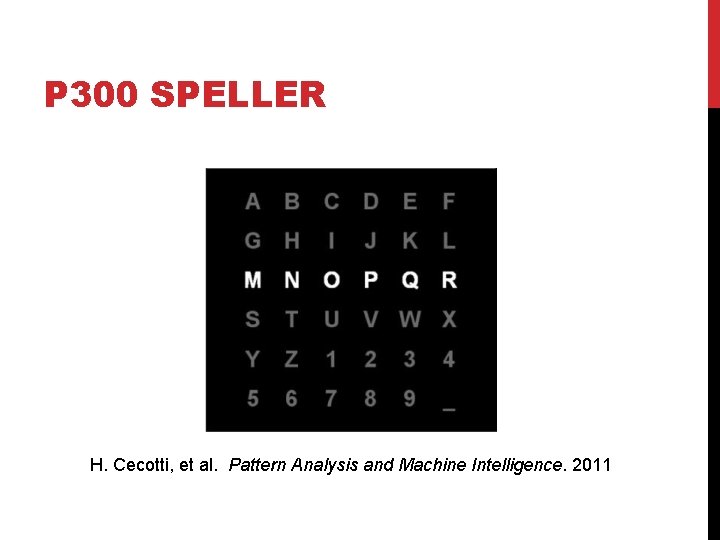 P 300 SPELLER H. Cecotti, et al. Pattern Analysis and Machine Intelligence. 2011 