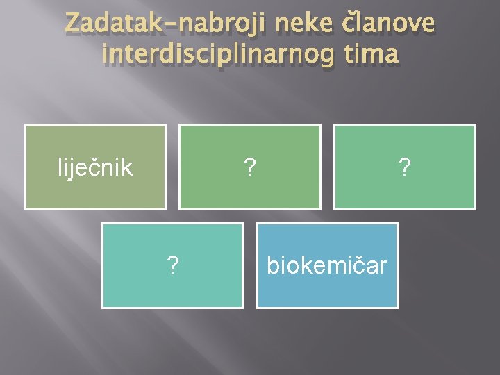Zadatak-nabroji neke članove interdisciplinarnog tima liječnik ? ? ? biokemičar Zadatak-nabroji neke članove interdisciplinarnog tima liječnik ? ? ? biokemičar