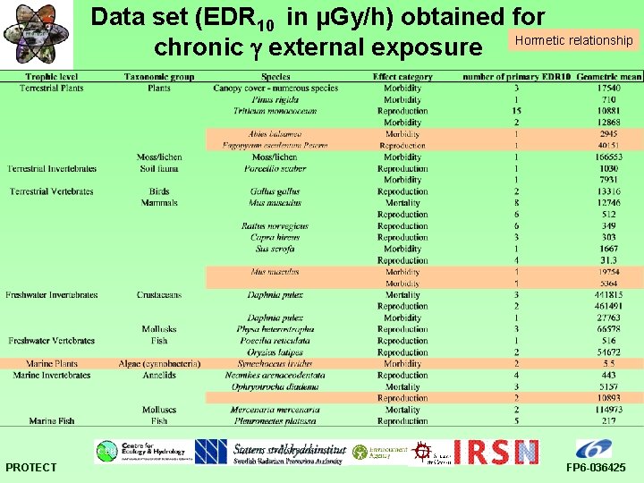 Data set (EDR 10 in µGy/h) obtained for chronic g external exposure Hormetic relationship