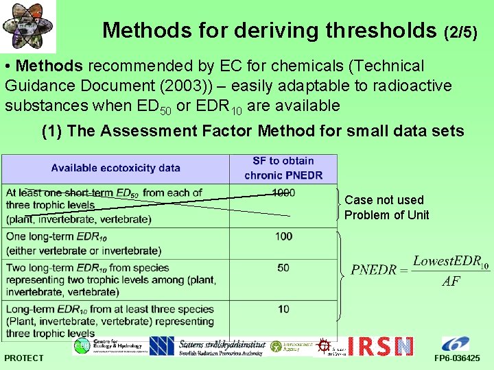 Methods for deriving thresholds (2/5) • Methods recommended by EC for chemicals (Technical Guidance