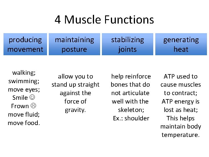 4 Muscle Functions producing movement walking; swimming; move eyes; Smile Frown move fluid; move