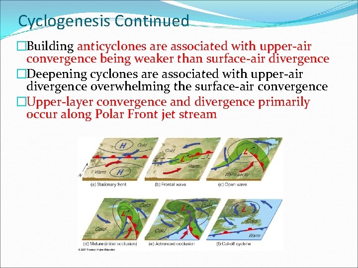 Cyclogenesis Continued �Building anticyclones are associated with upper-air convergence being weaker than surface-air divergence