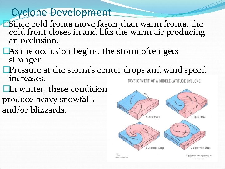 Cyclone Development �Since cold fronts move faster than warm fronts, the cold front closes