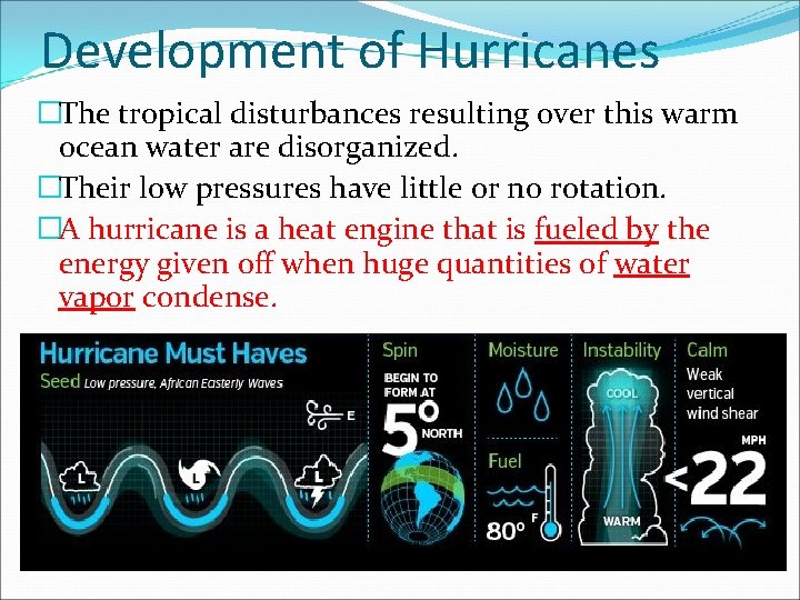 Development of Hurricanes �The tropical disturbances resulting over this warm ocean water are disorganized.