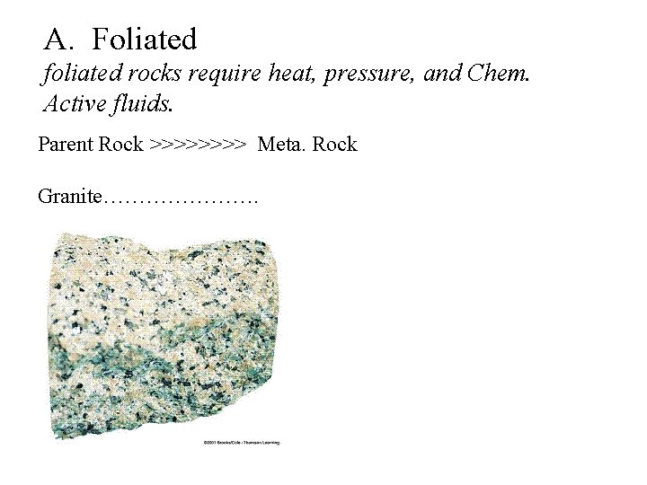 A. Foliated foliated rocks require heat, pressure, and Chem. Active fluids. Parent Rock >>>>