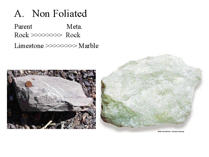 A. Non Foliated Parent Meta. Rock >>>> Rock Limestone >>>> Marble 