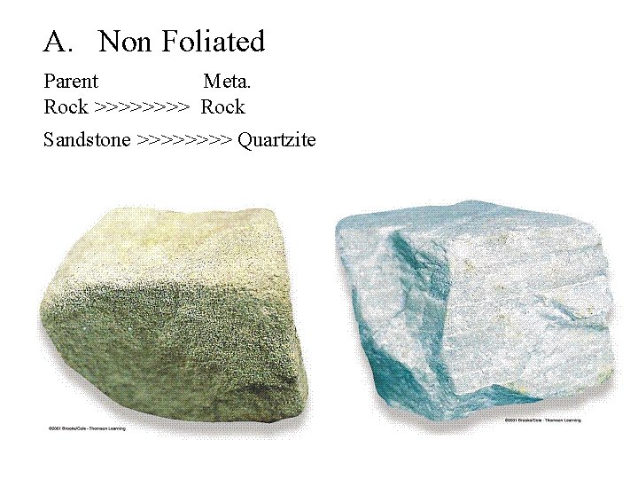 A. Non Foliated Parent Meta. Rock >>>> Rock Sandstone >>>> Quartzite 