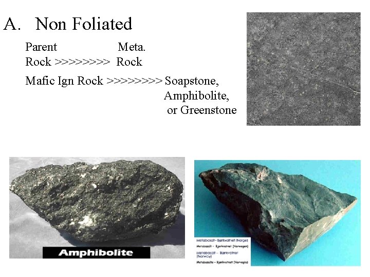 A. Non Foliated Parent Meta. Rock >>>> Rock Mafic Ign Rock >>>> Soapstone, Amphibolite,