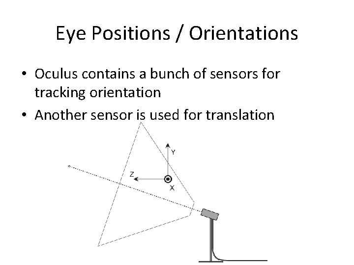 Eye Positions / Orientations • Oculus contains a bunch of sensors for tracking orientation