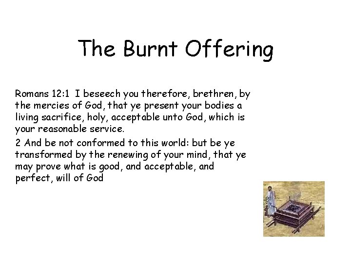 The Burnt Offering Romans 12: 1 I beseech you therefore, brethren, by the mercies