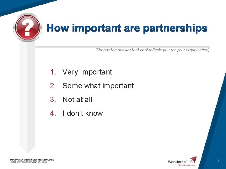 Choose the answer that best reflects you (or your organization) 1. Very Important 2.