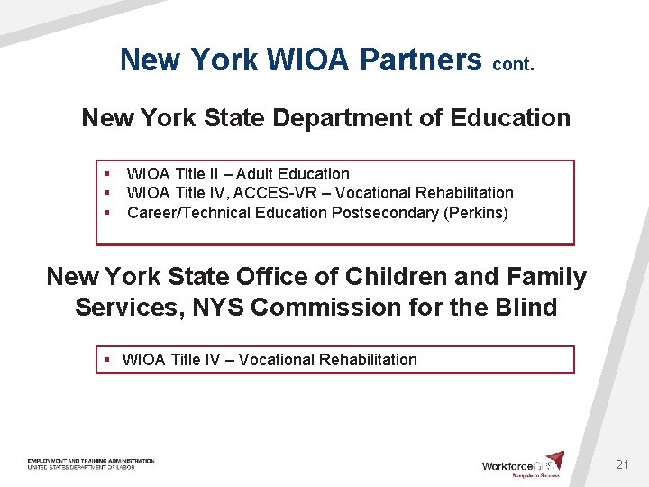 New York WIOA Partners cont. New York State Department of Education § § §