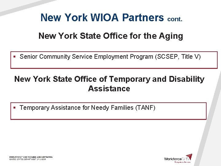 New York WIOA Partners cont. New York State Office for the Aging § Senior