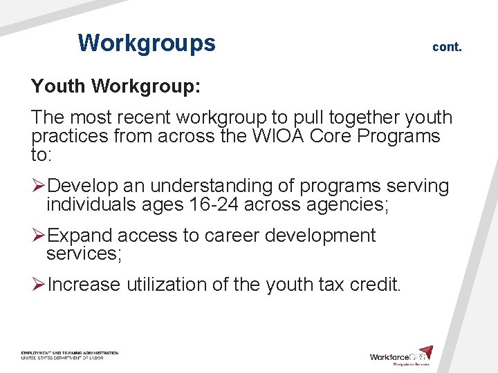 Workgroups cont. Youth Workgroup: The most recent workgroup to pull together youth practices from