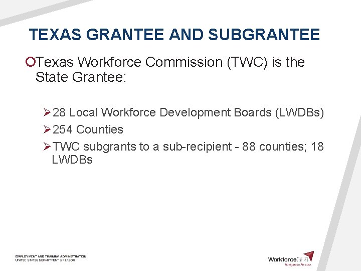 TEXAS GRANTEE AND SUBGRANTEE ¡Texas Workforce Commission (TWC) is the State Grantee: Ø 28