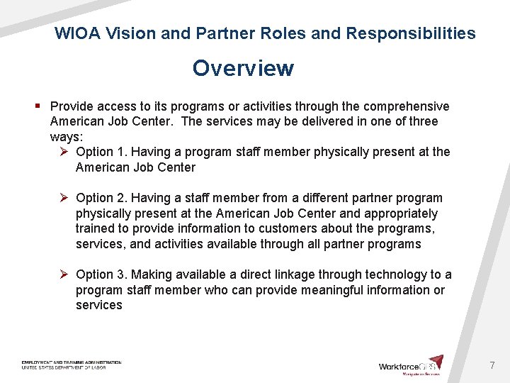 WIOA Vision and Partner Roles and Responsibilities Overview § Provide access to its programs