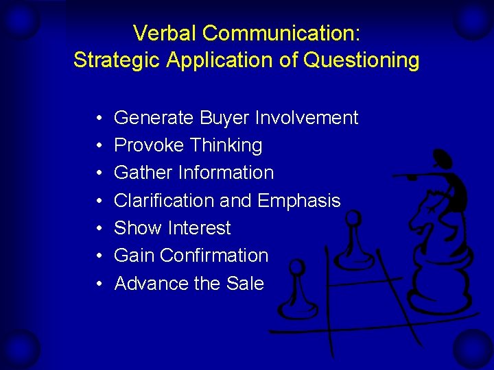 Verbal Communication: Strategic Application of Questioning • • Generate Buyer Involvement Provoke Thinking Gather