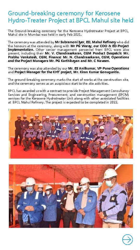 Ground-breaking ceremony for Kerosene Hydro-Treater Project at BPCL Mahul site held The Ground-breaking ceremony