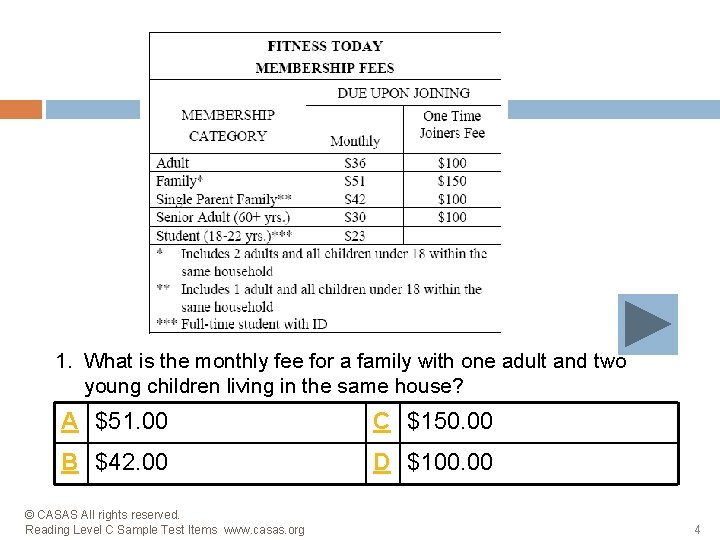 1. What is the monthly fee for a family with one adult and two